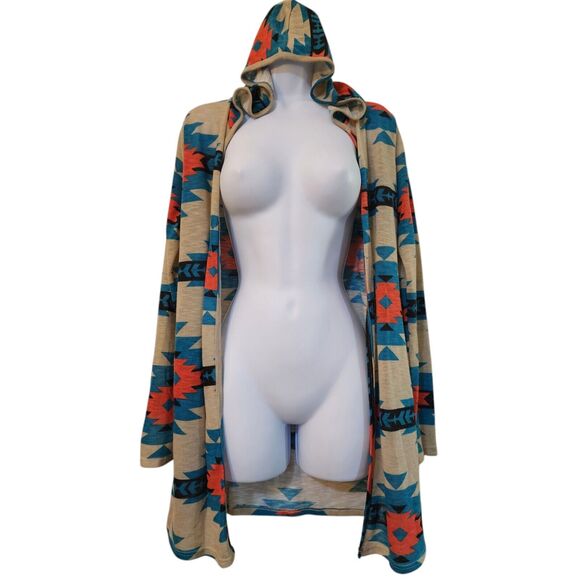 Moa Moa Womens Open Front Hooded Duster Cardigan Size M Jrs Aztec Lightweight - Picture 1 of 12
